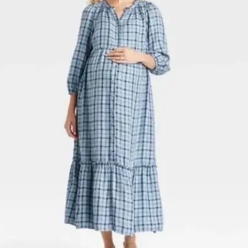 Isabel Maternity, blue plaid long sleeve maxi style dress Sz M NWT